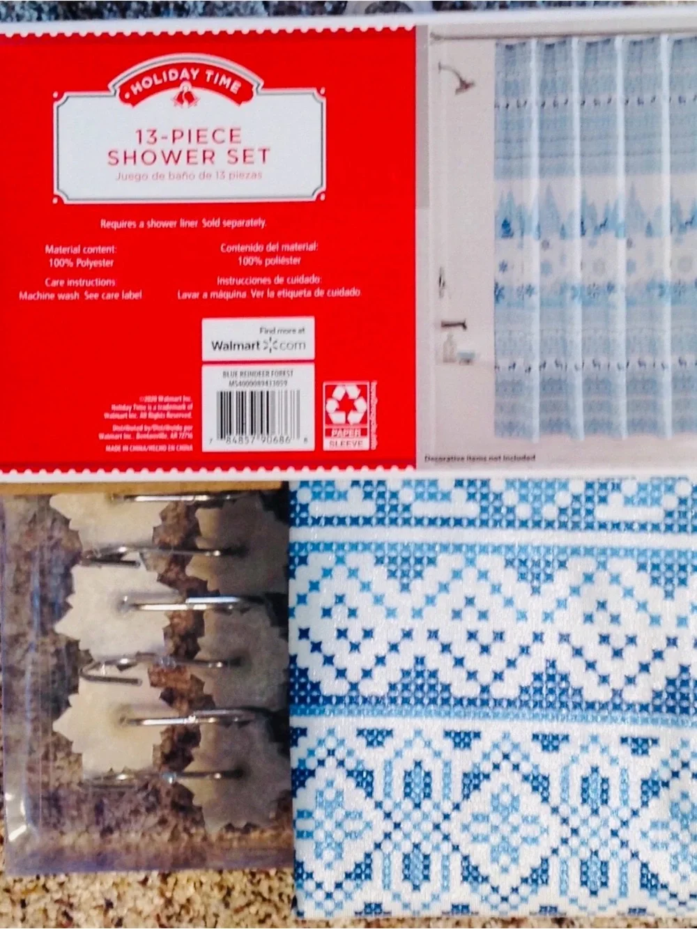Christmas Shower Curtain & Hooks 70